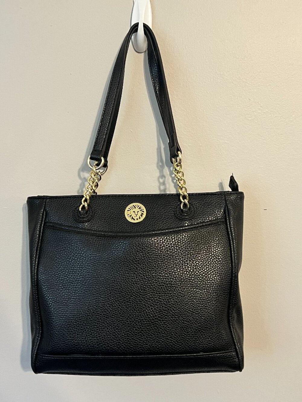 Anne Klein Black Pebbled Tote Bag Gold Chain Shoulder Purse Polka Dot Lining